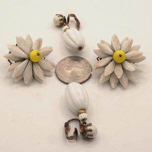 Vintage Group Milk White Glass Daisy and Tiered Ribbed Dangle Clip-on Earrings